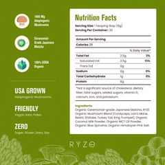 RYZE Mushroom Matcha - with 6 Organic Adaptogenic Mushrooms Grown In USA and Ceremonial-Grade Japanese Matcha